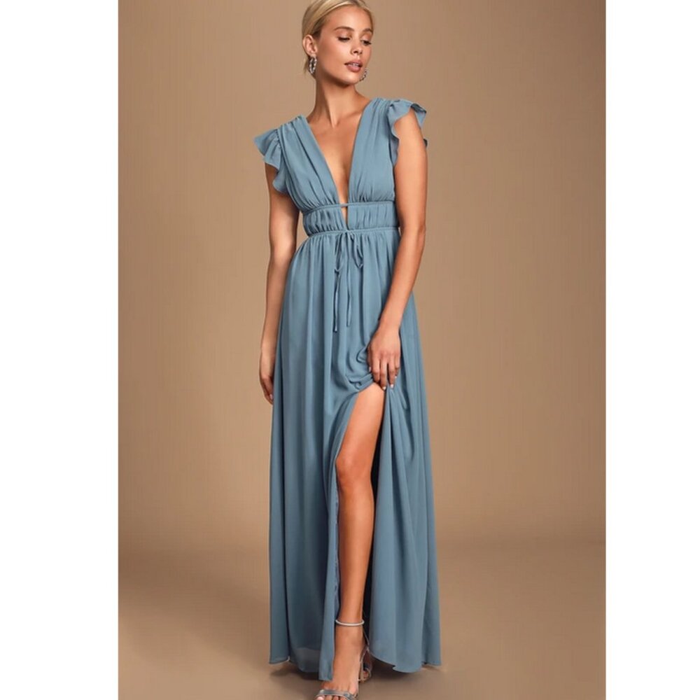 Lulus I'm All Yours Slate Blue Ruffled Maxi Dress in Slate Blue Size M NWT $79